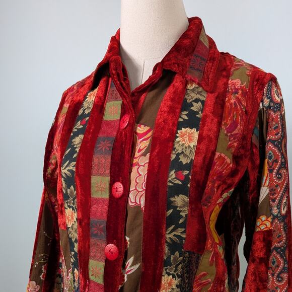 Coldwater Creek Velvet Patchwork Jacket XSP Red Floral Vintage 90S Whimsigoth - Picture 7 of 11